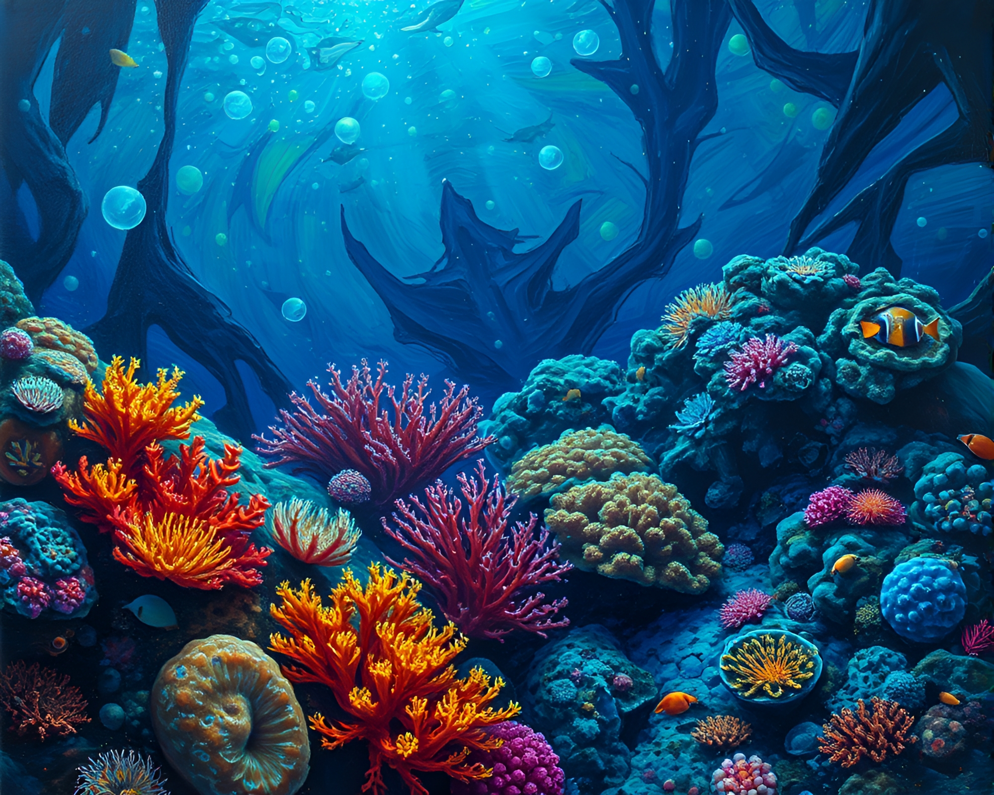 Enchanting Bioluminescent Coral Reef in Rustic Oil Painting – free AI stock image