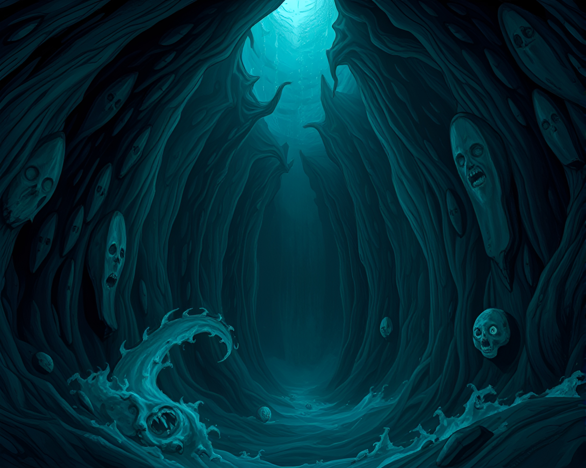 Underwater Cathedral: Eerie Depths and Swirling Currents – free AI stock image