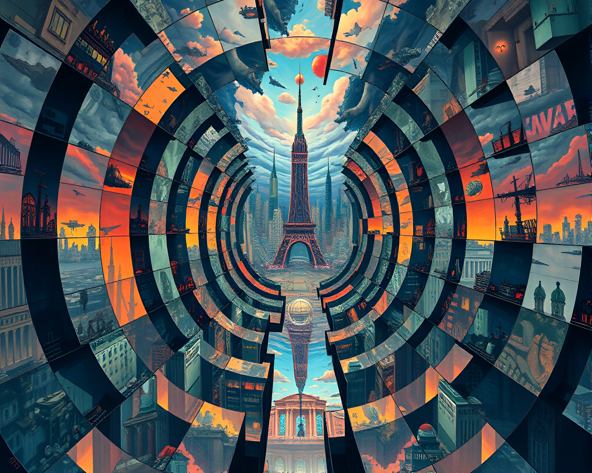 Surreal Mirror Labyrinth Reflects Dystopian Cityscape – free AI stock image