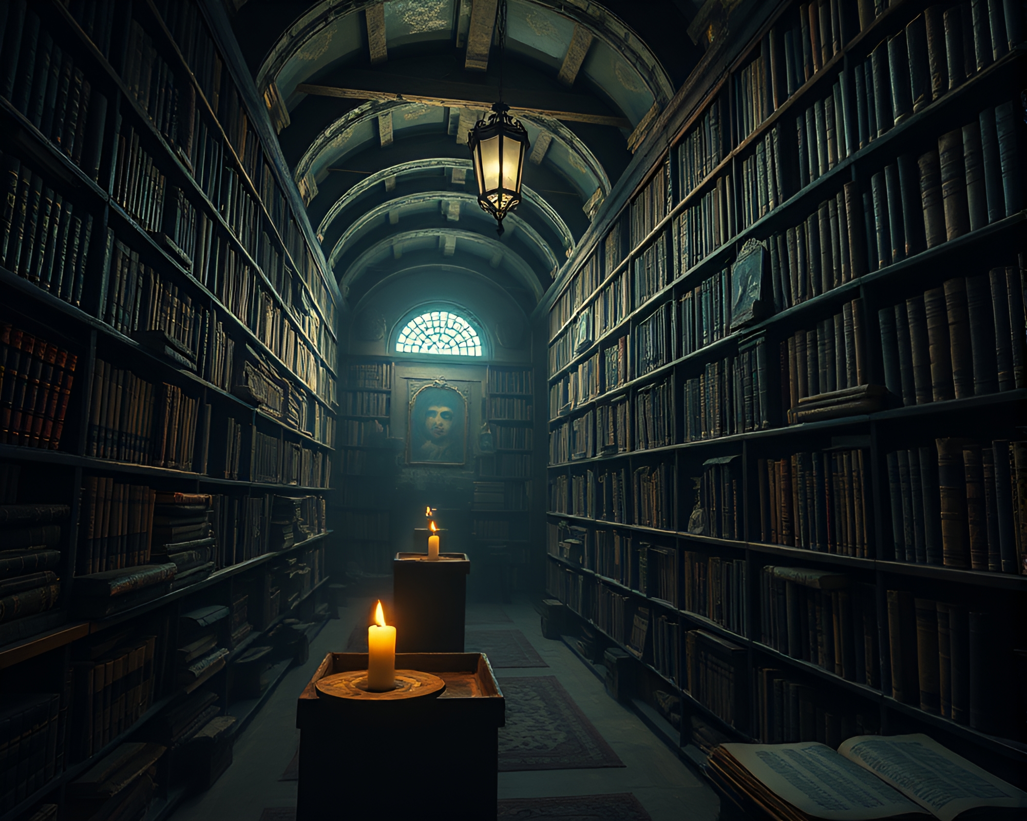 Enigmatic Labyrinthine Library Illuminated by Candlelight – free AI stock image