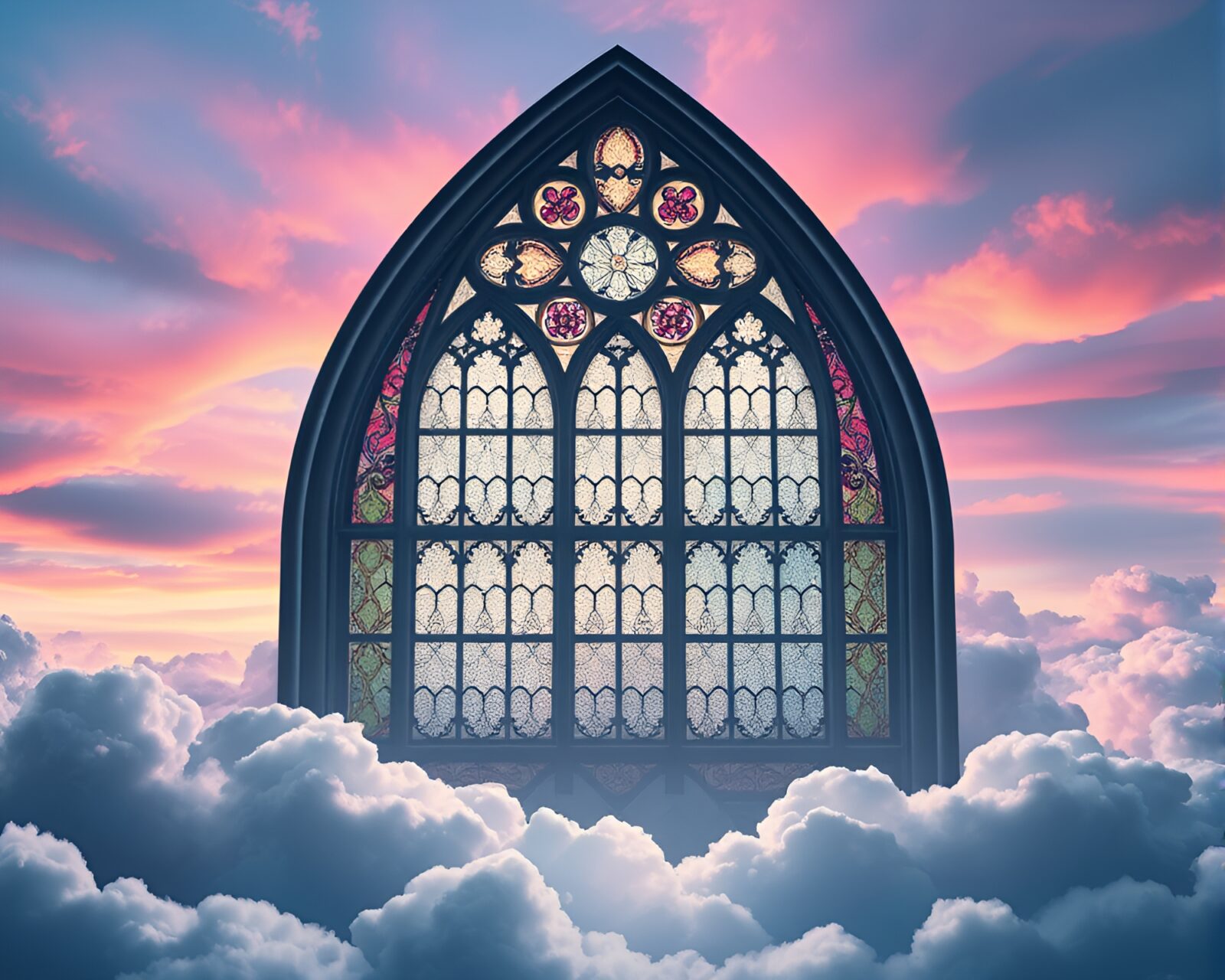 Stunning pastel-colored clouds with illuminated stained glass window