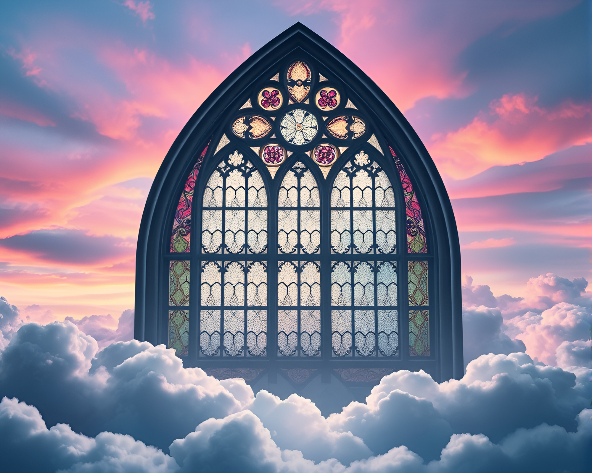 Ethereal Cloudscape and Stained Glass Window – free AI stock image
