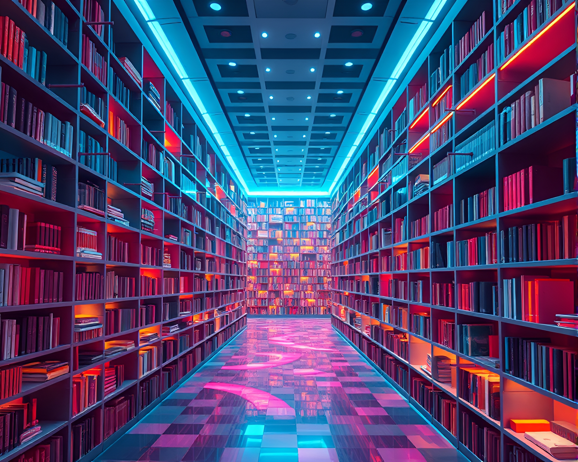 Futuristic Cubist Library Delights the Senses with Vivid Colors – free AI stock image