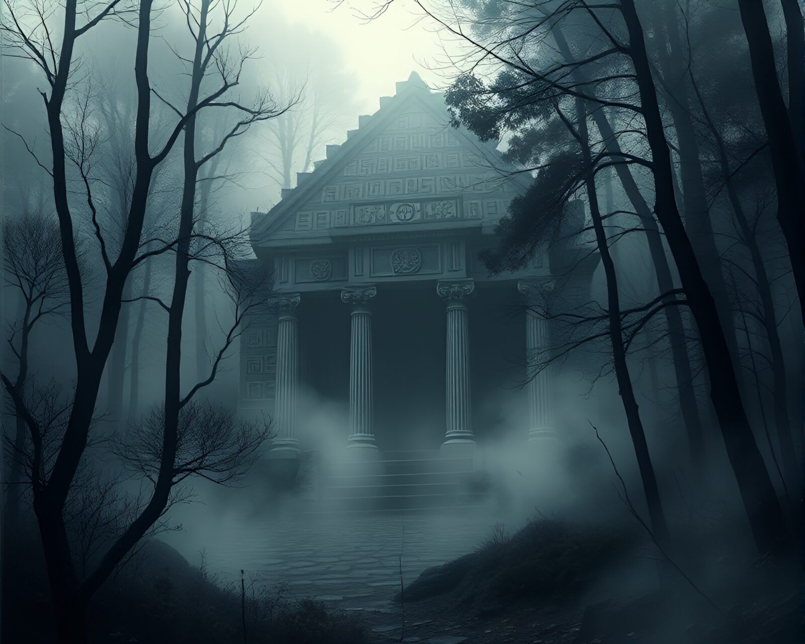 Ancient temple shrouded in mist with intricate mystical symbols