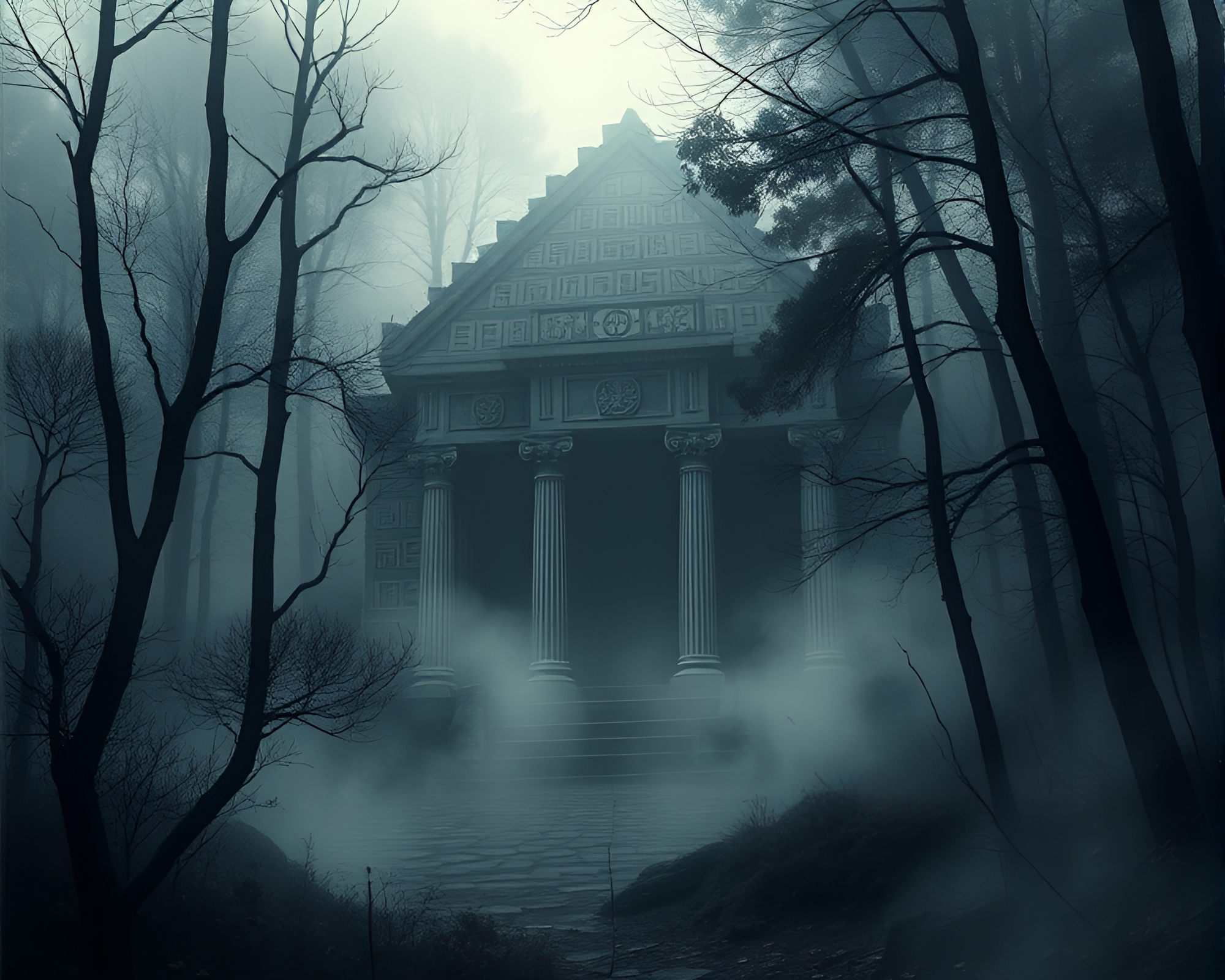 Mysterious Glyph-Covered Temple in Enigmatic Forest – free AI stock image