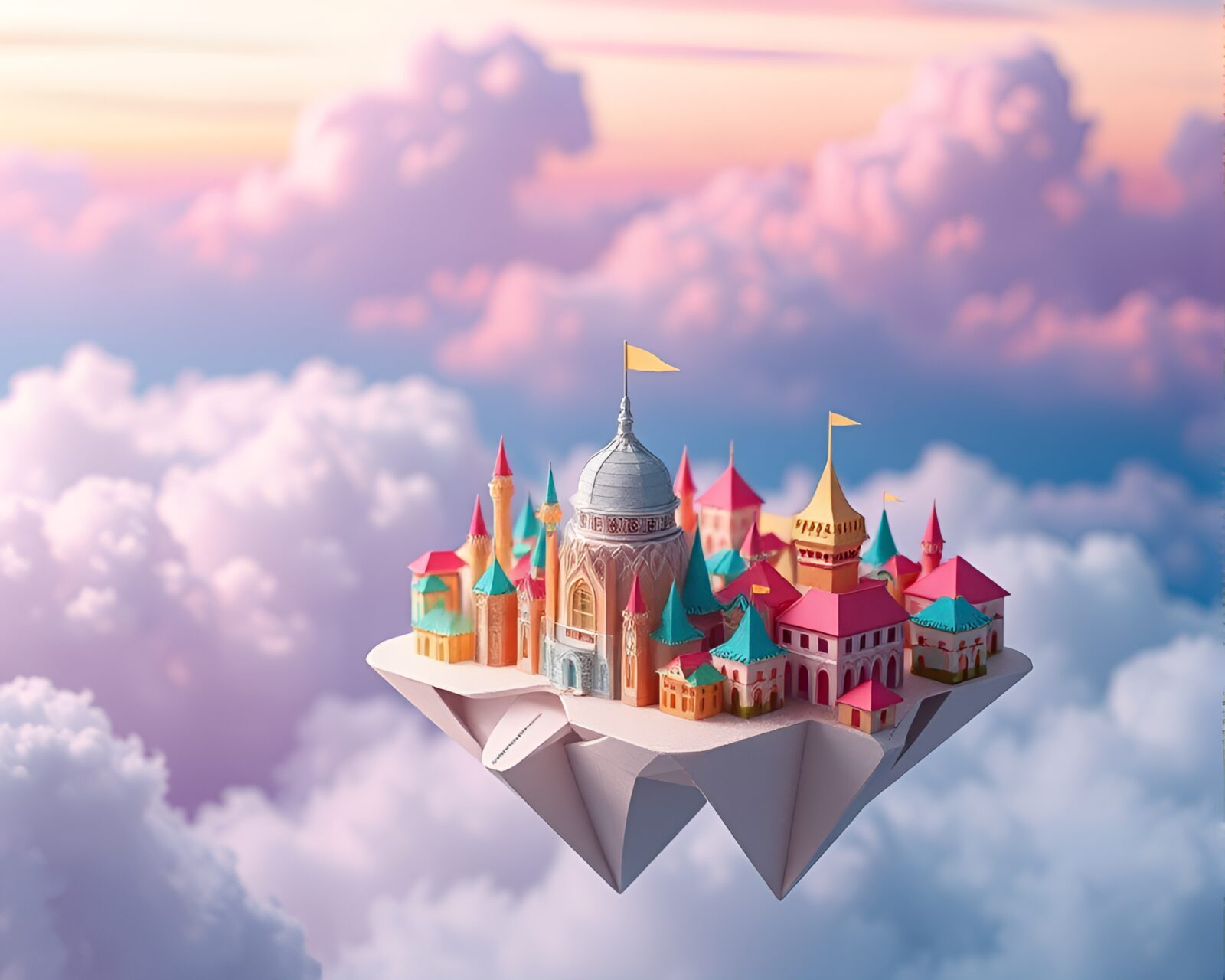 Floating origami city in vivid colors against surreal background