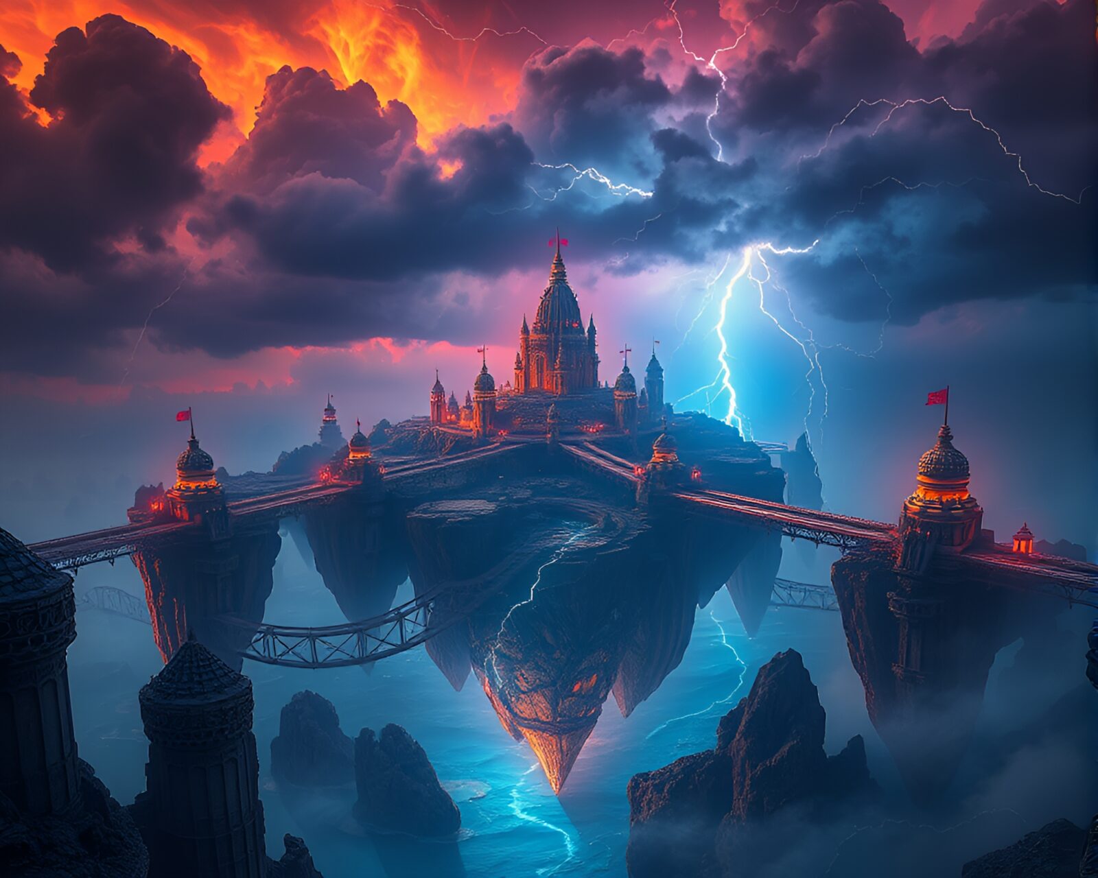 Exquisite acrylic art of ethereal floating islands amid storm