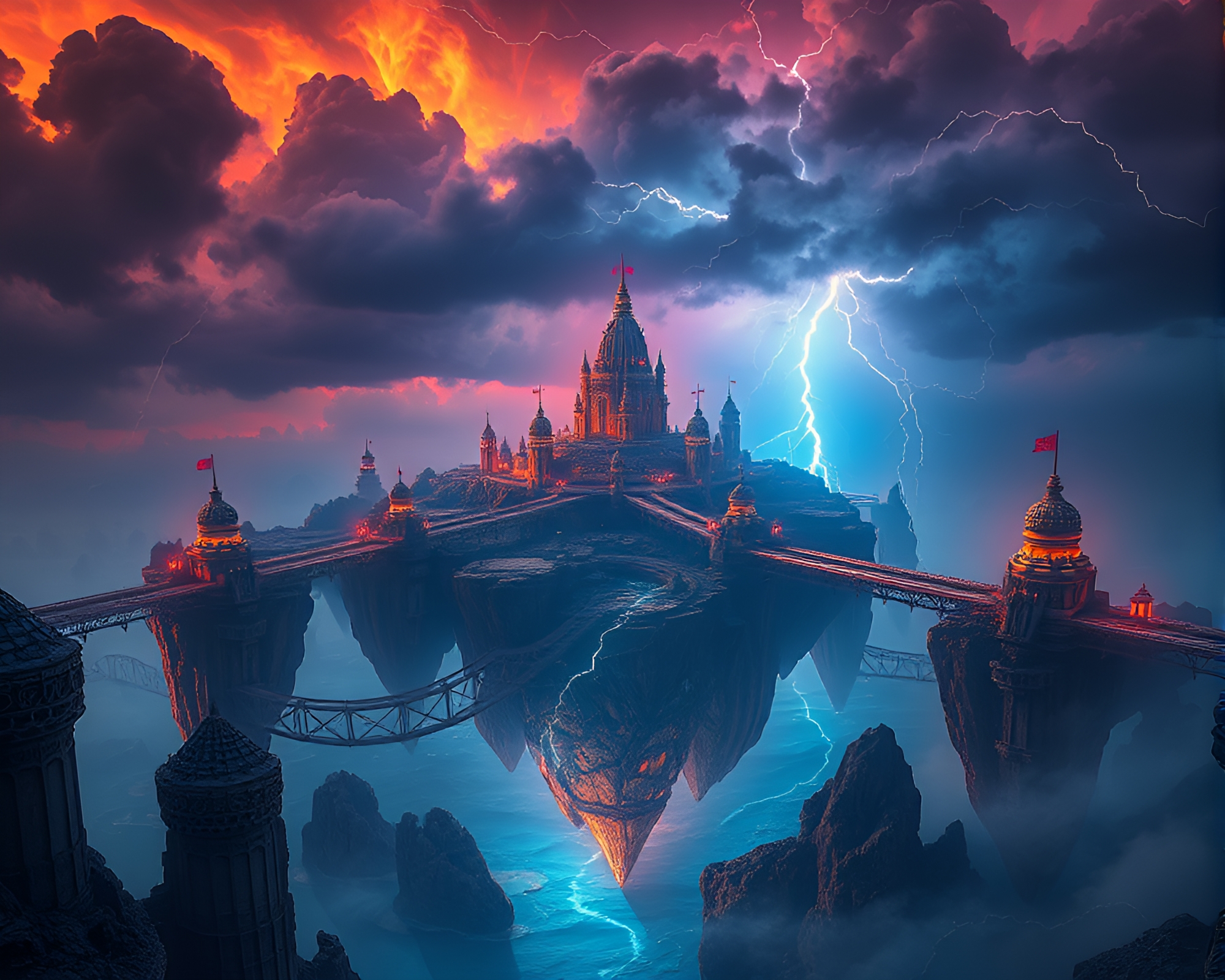 Enchanting Floating Island Archipelago under Dark Storm Clouds – free AI stock image