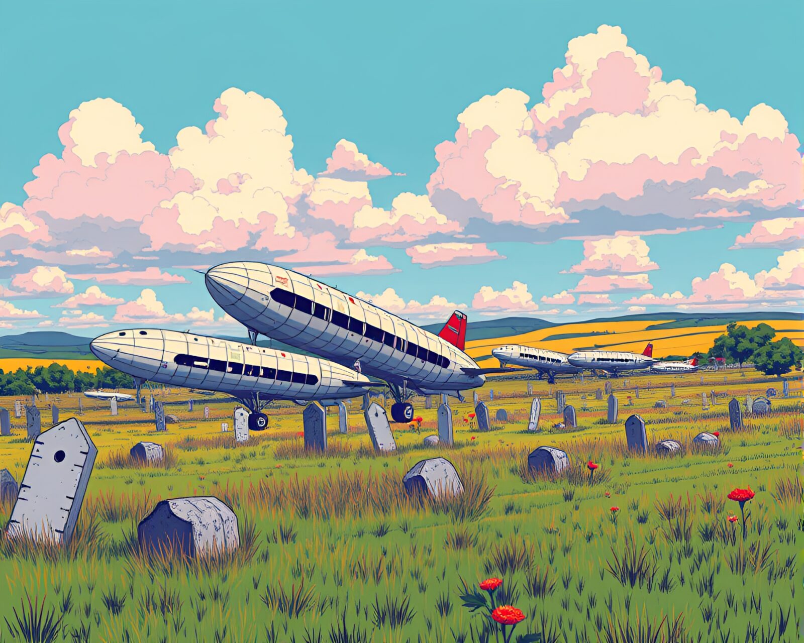 Surreal scene of zeppelin graveyard amidst blooming wildflowers