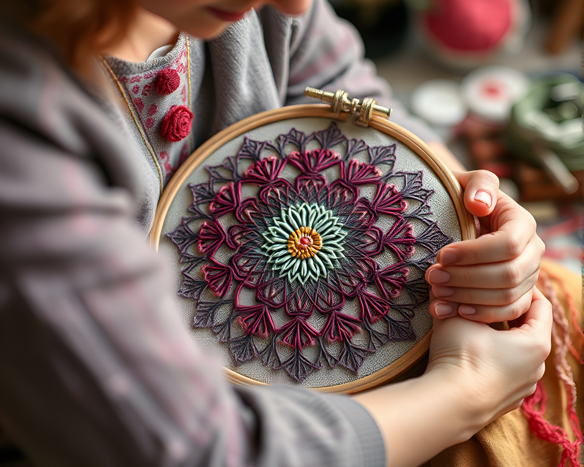 Artistic Embroidery Unfolding in Vibrant Colors – free AI stock image