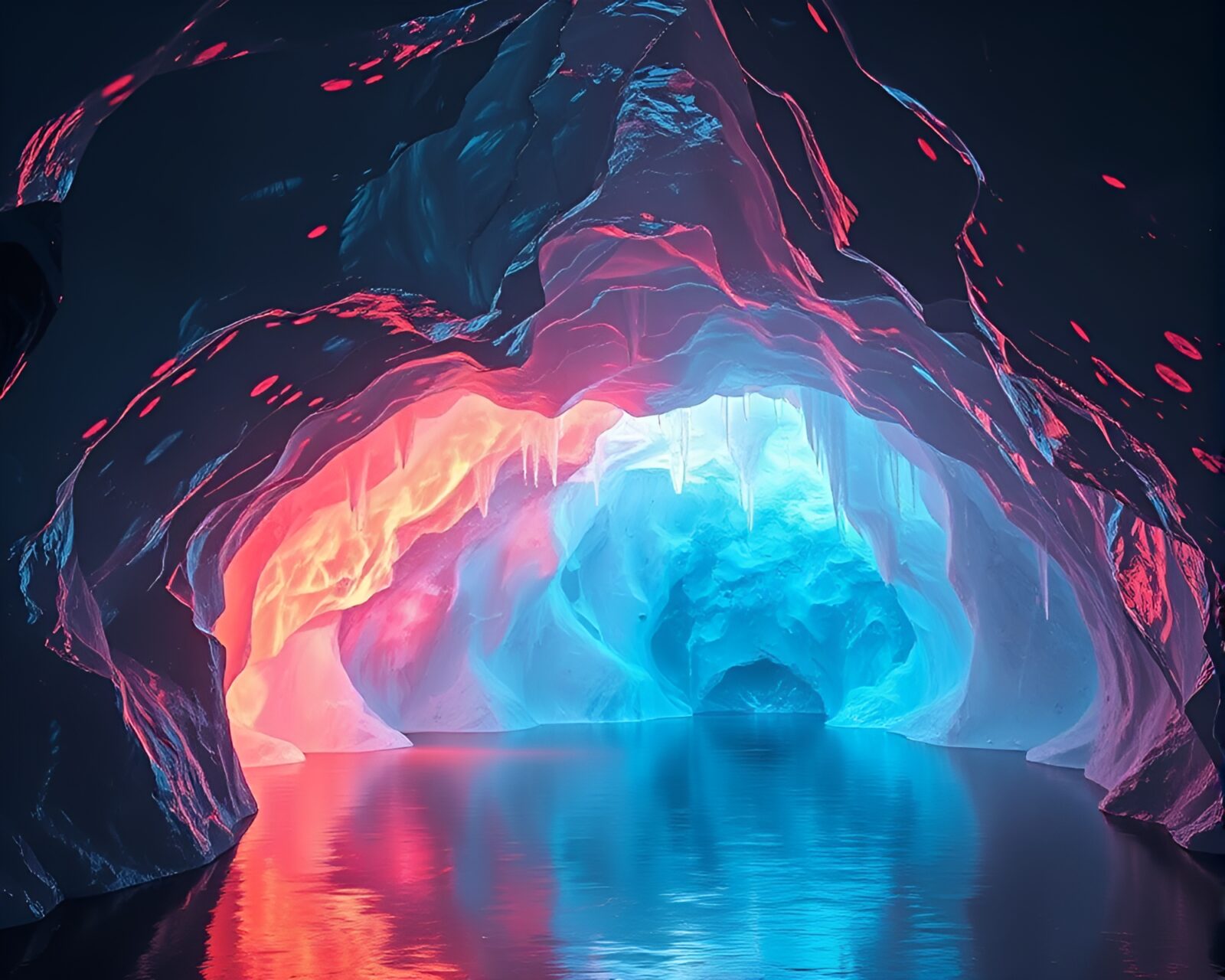 Mesmerizing ice cave featuring glistening formations and colorful light.
