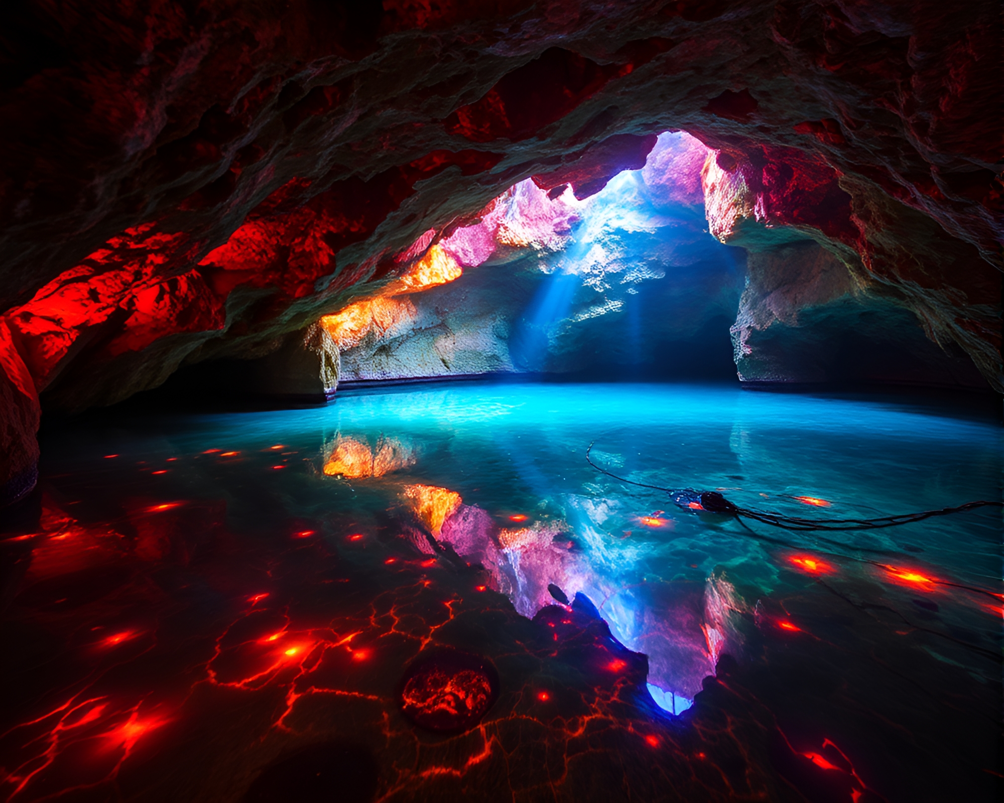 Enchanting Subterranean Crystal Lake Illuminated by Vibrant Colors – free AI stock image