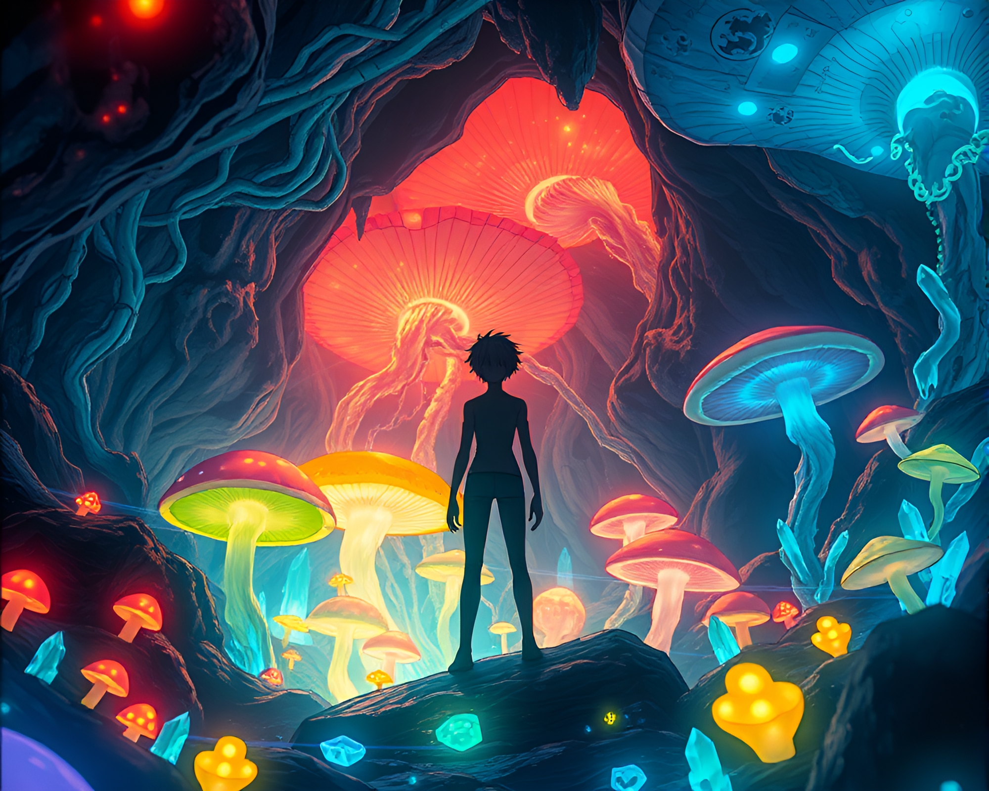 Enchanting Anime Character in Luminous Fungus Cavern – free AI stock image