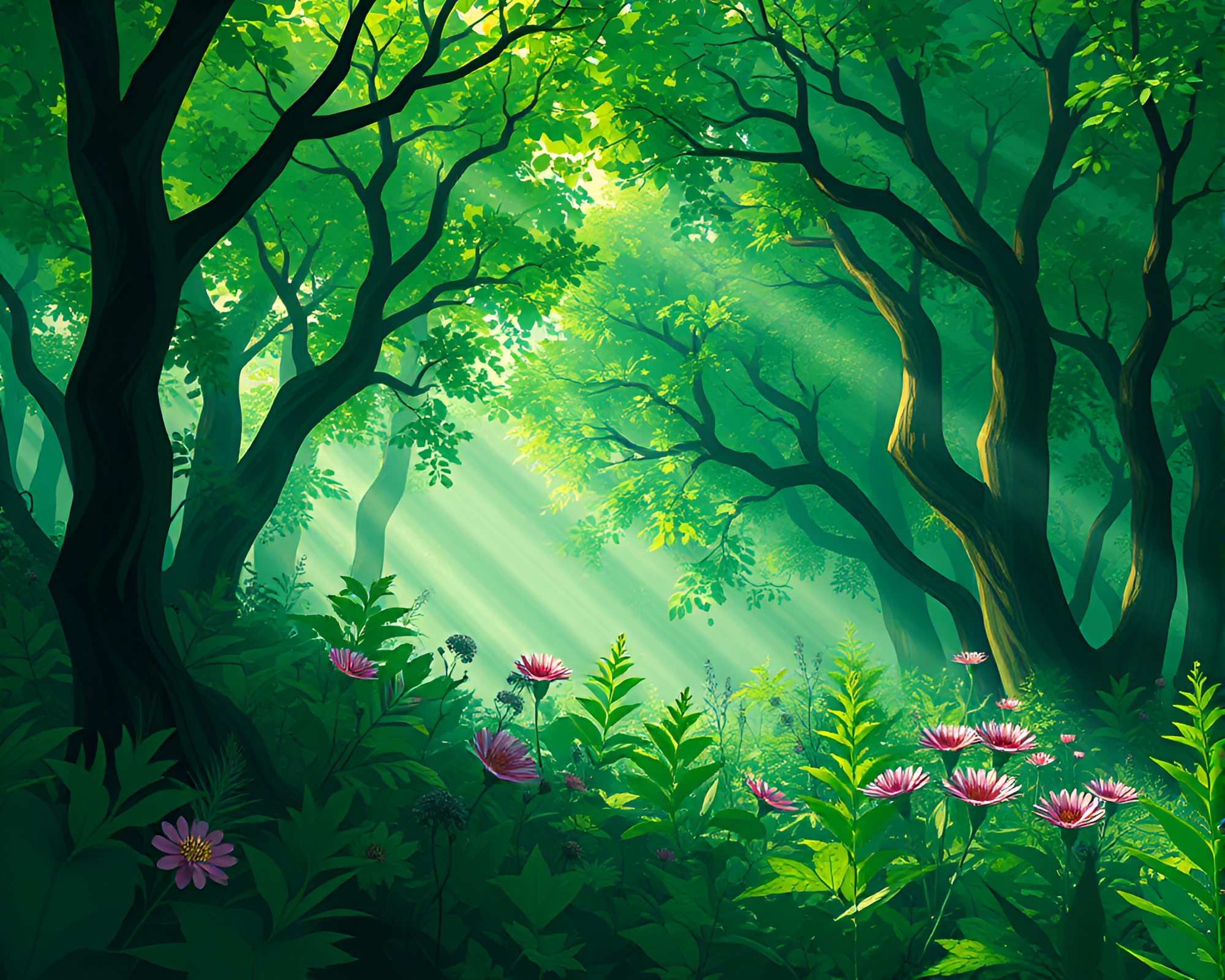Enigmatic Cubist Glade in Emerald Canopy – free AI stock image