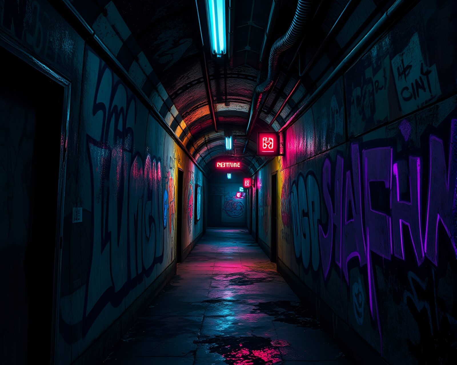 Dark and surreal graffiti art in neon colors