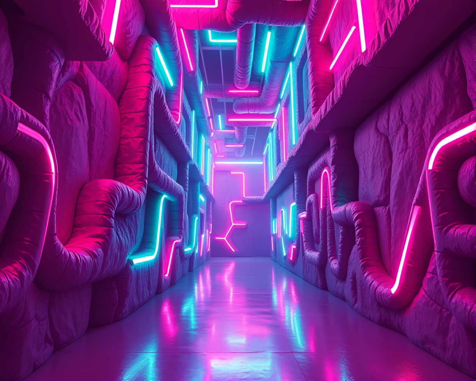 Vibrant neon maze with shadows in surreal noir setting