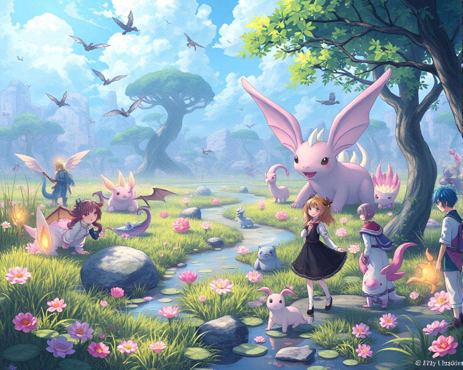 Whimsical scene of vibrant anime characters frolicking in misty marsh