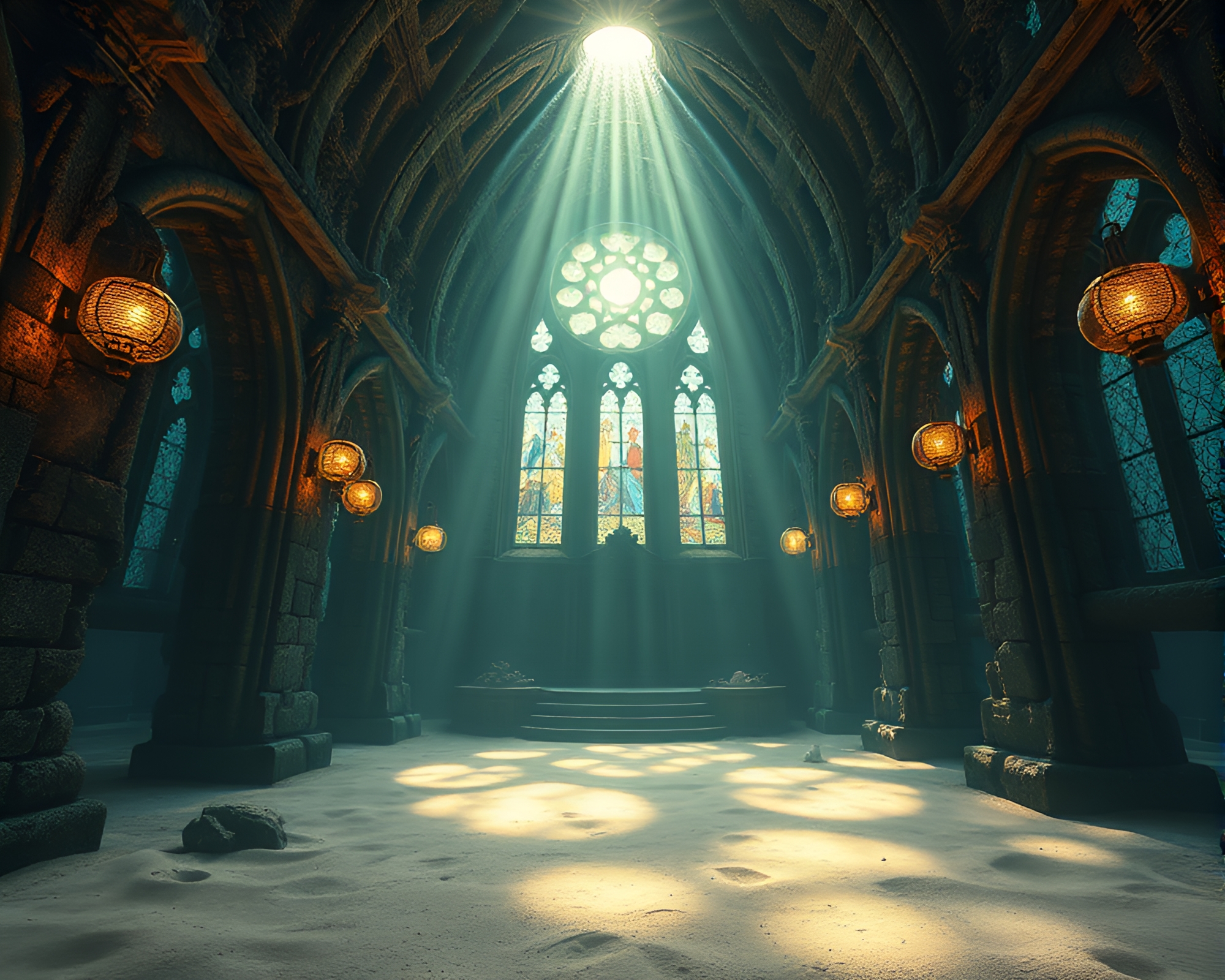 Mystical Underwater Cathedral with Glowing Orbs – free AI stock image