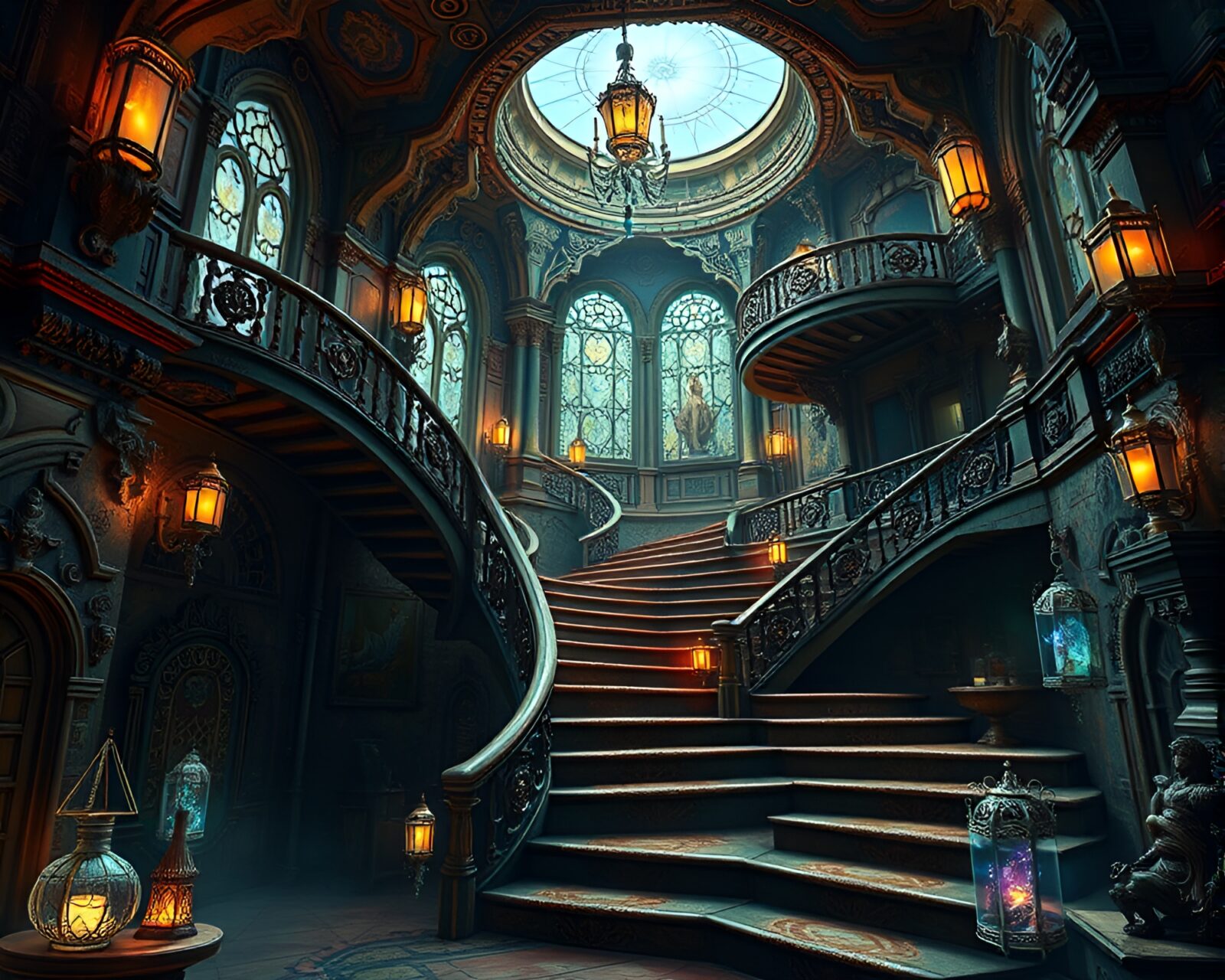 Intricate architecture with stained glass windows and floating artifacts
