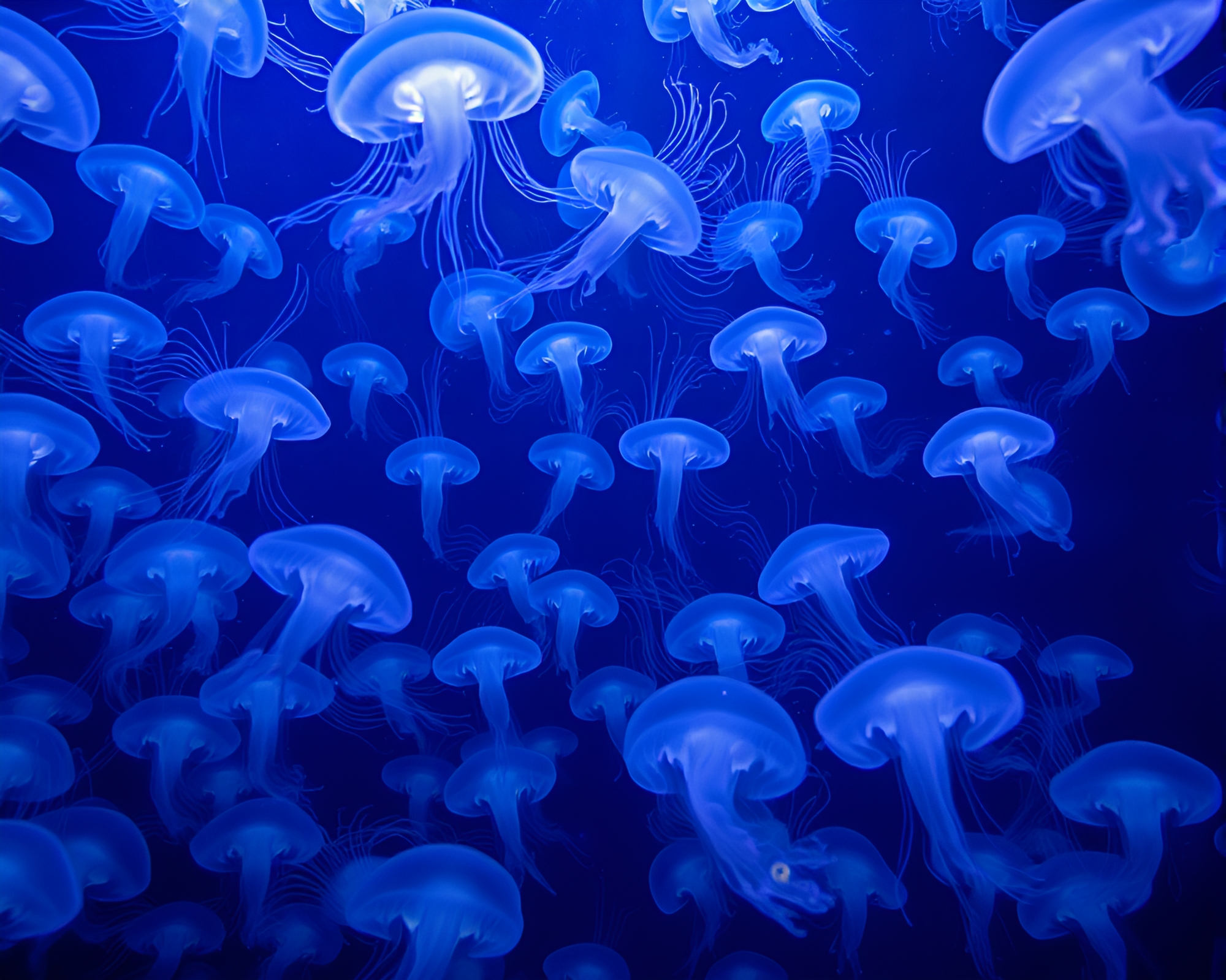 Enchanting Bioluminescent Jellyfish Dance in Ethereal Ocean Depths – free AI stock image