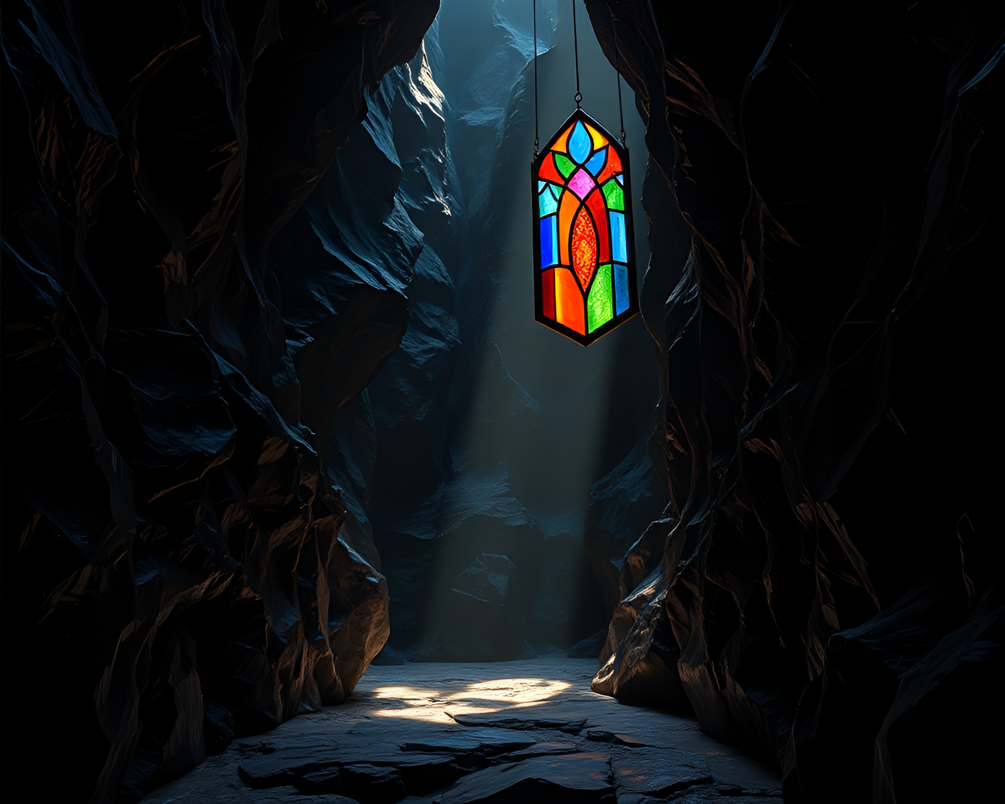 Eerie Obsidian Canyon with Suspended Stained Glass Window – free AI stock image