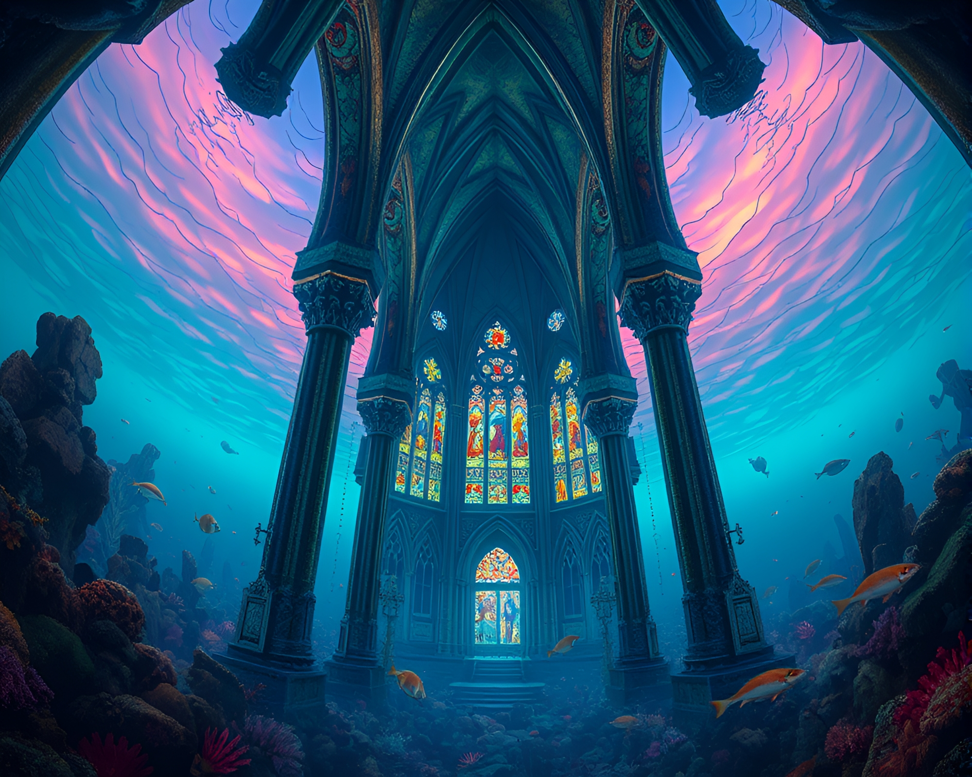 Twilight Underwater Cathedral Illustration – free AI stock image