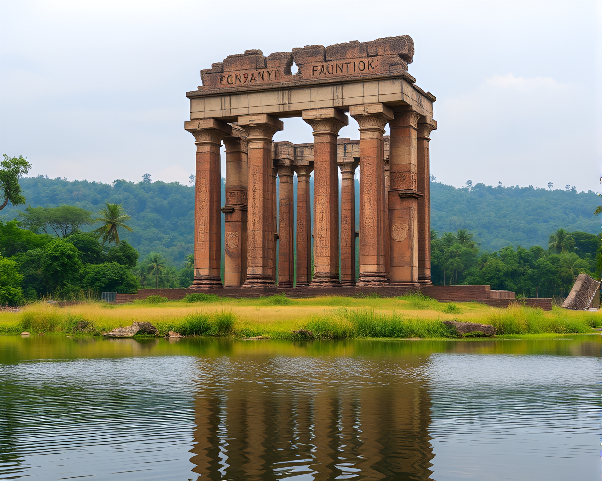 Majestic Ancient Ruins Among Serene Landscape – free AI stock image