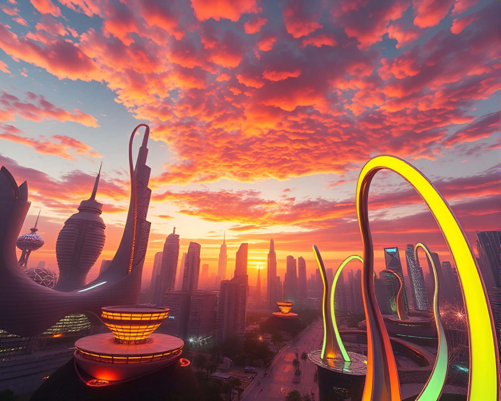 Dynamic Kinetic Sculptures Amidst Vibrant Solar Glow