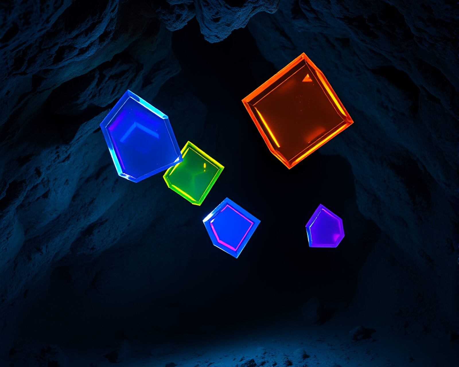 Vibrant acrylic shapes drift through dim cavern atmosphere