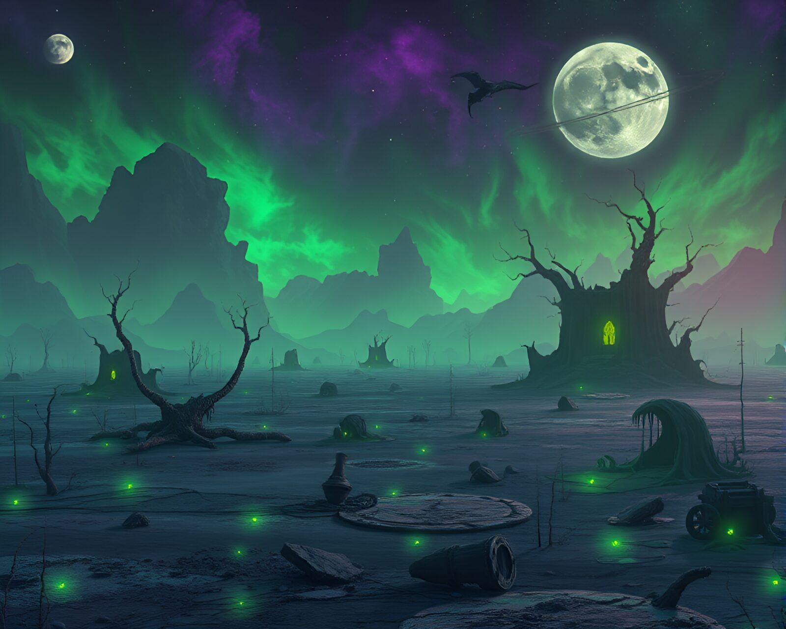 Barren landscape with glowing green and purple hues