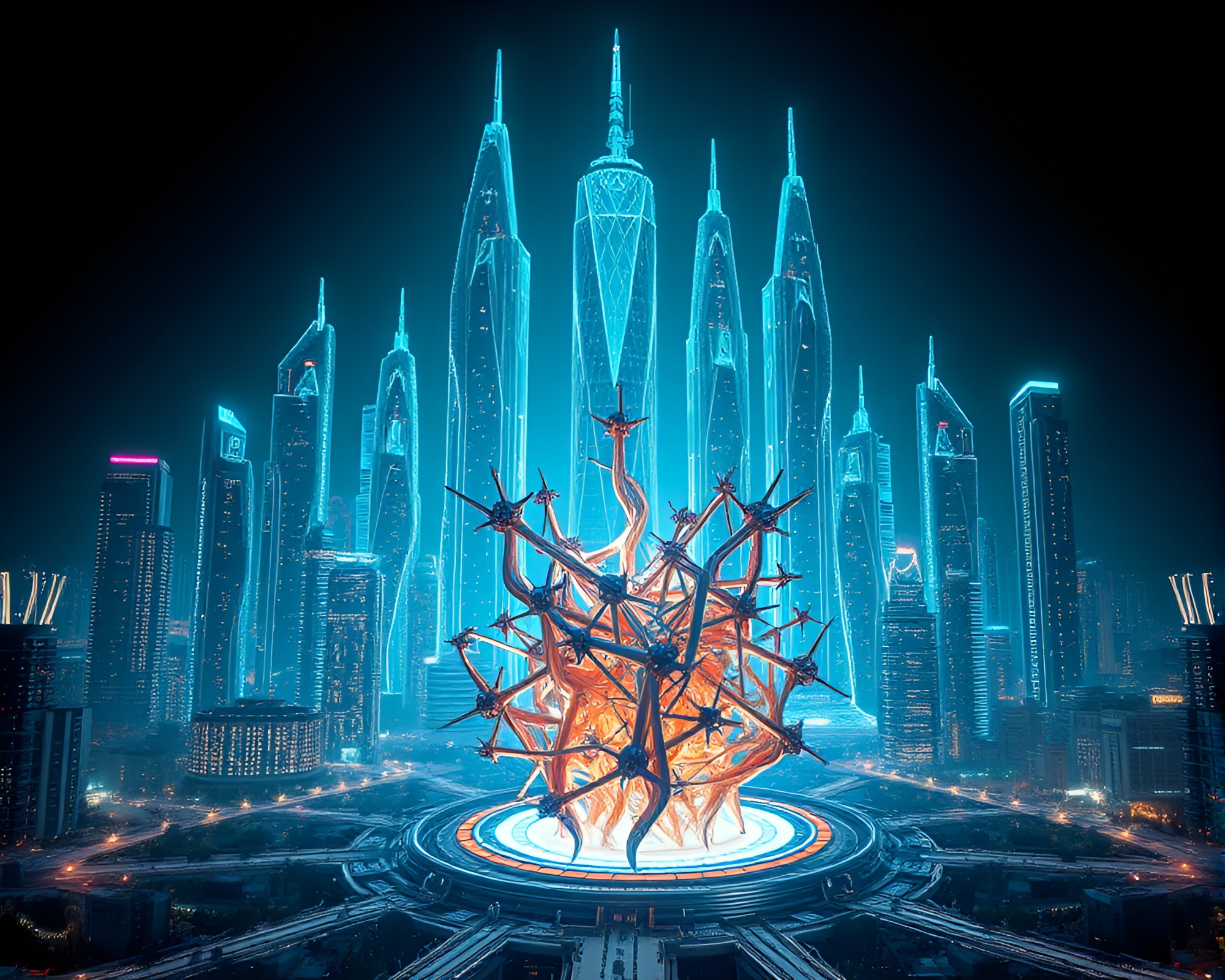 Futuristic Bioluminescent Cityscape with Kinetic Sculpture – free AI stock image