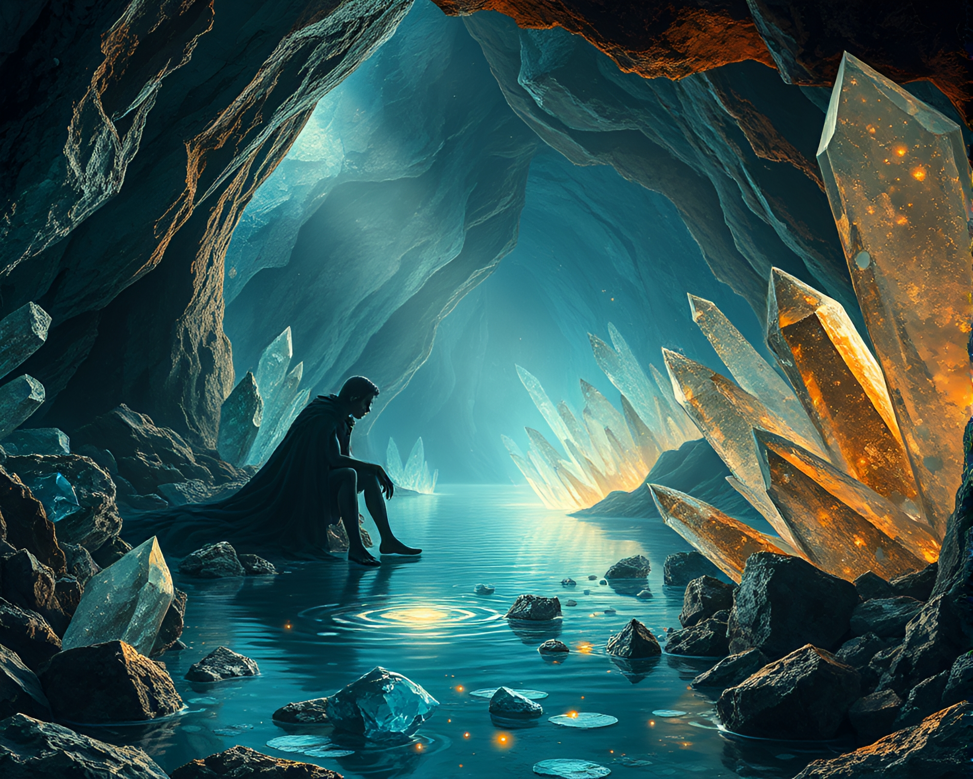 Intriguing Figure Amidst Glittering Crystals in Subterranean Realm – free AI stock image