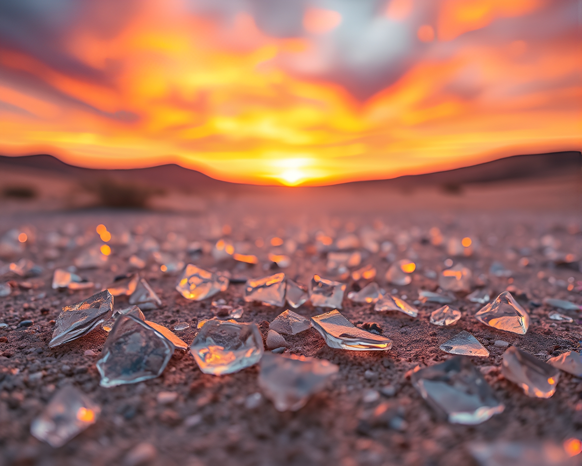 Surreal Desert Sunset with Glinting Glass Shards – free AI stock image