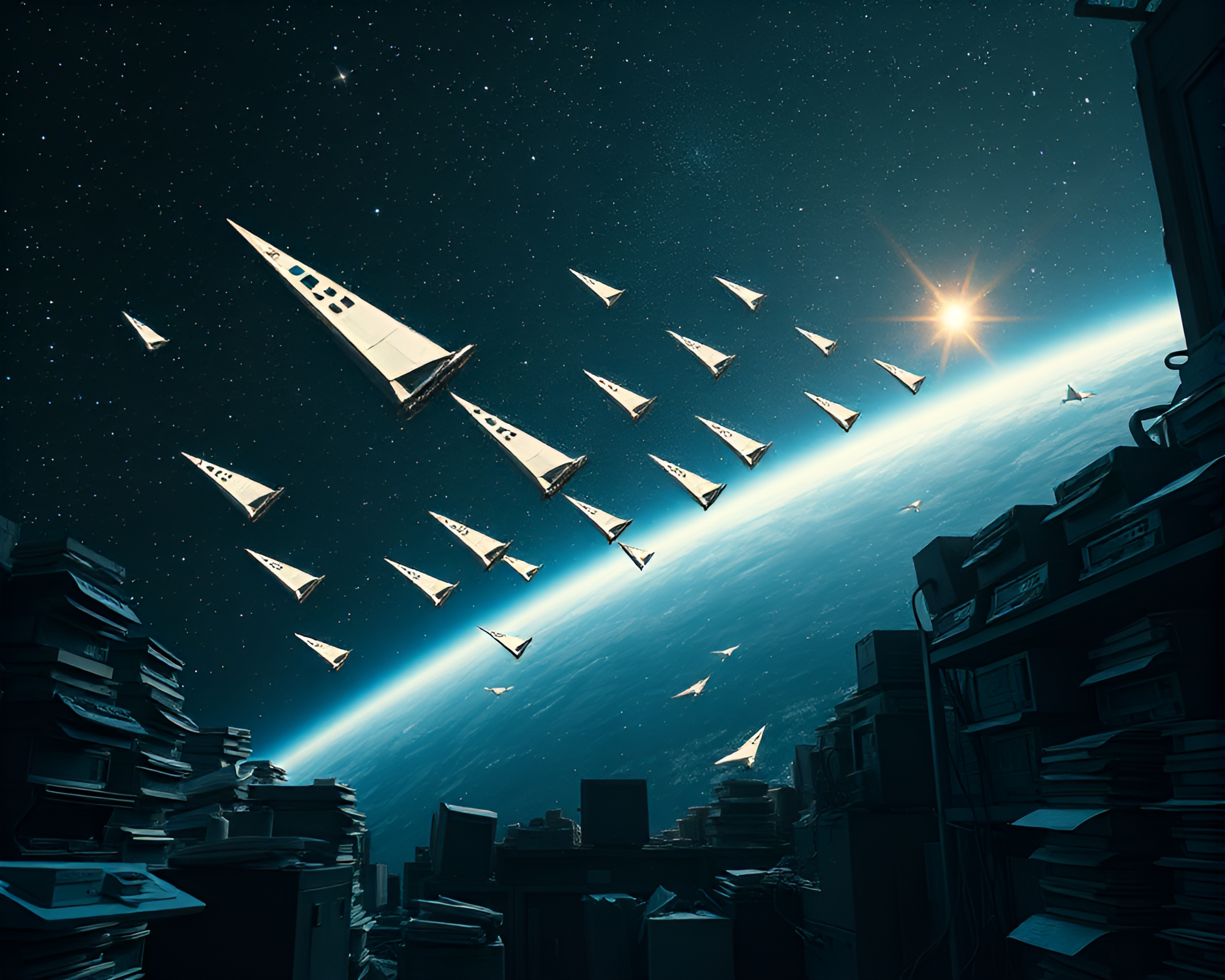 Stunning Solar Sail Fleet Amid Confining Cluttered Room – free AI stock image