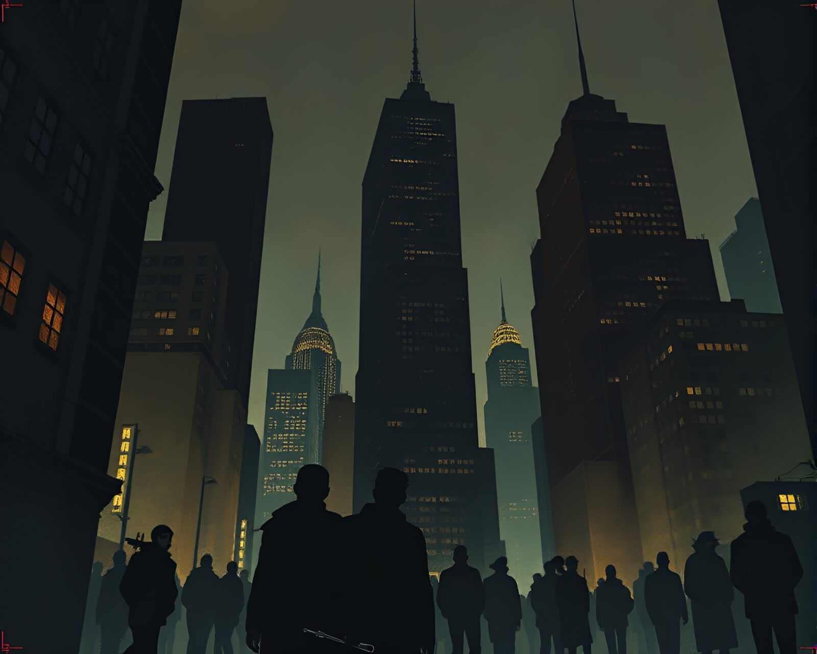 Vibrant gouache cityscape at night, mysterious shadows and figures.