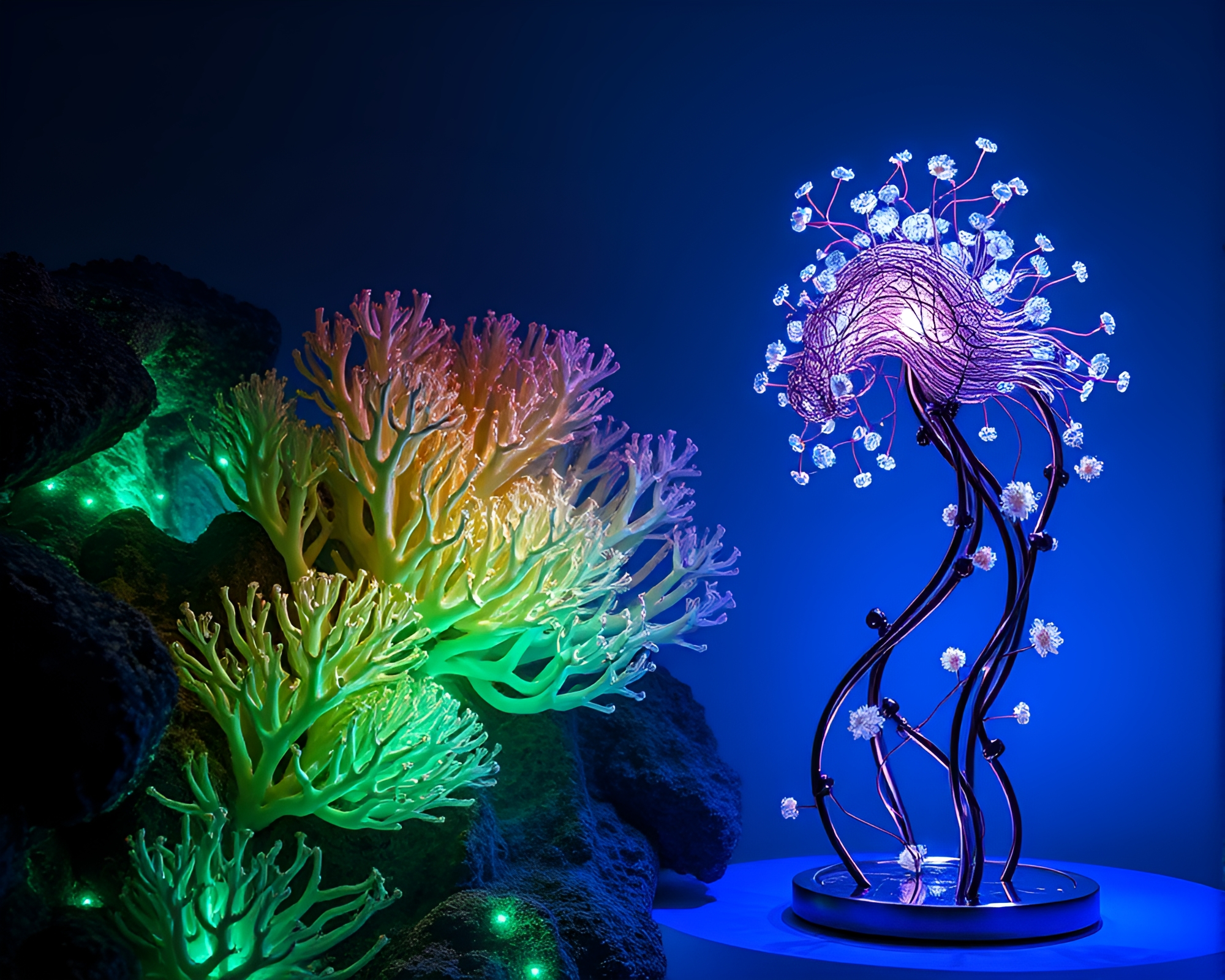 Enchanting Bioluminescent Coral Reef with Kinetic Sculpture – free AI stock image
