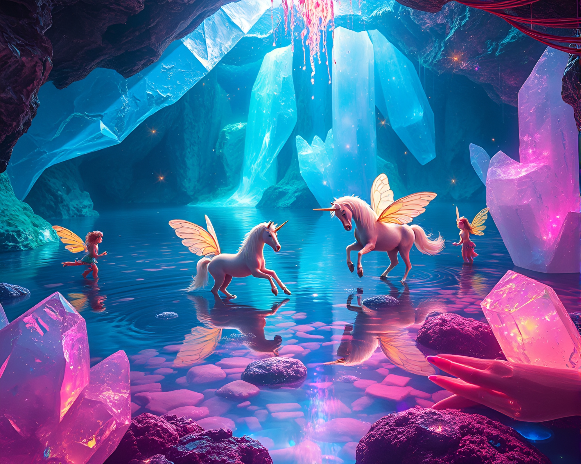 Enchanting Crystal Lake with Fairy and Unicorn Dance – free AI stock image