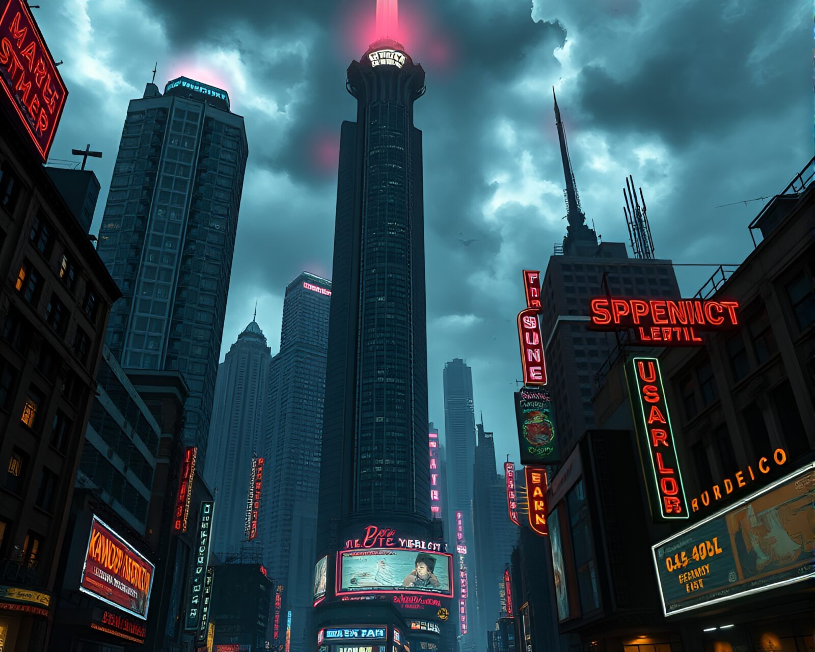 Detailed cityscape with neon lights and futuristic technology