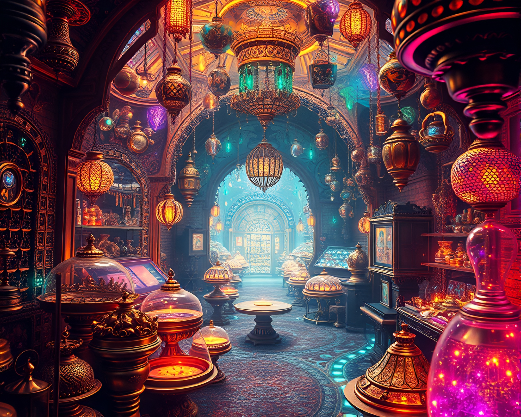 Ethereal Holographic Bazaar with Shimmering Otherworldly Objects – free AI stock image