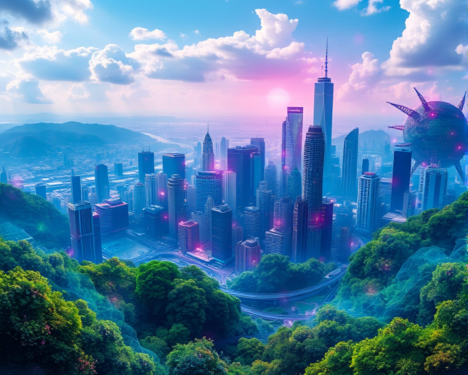 Vibrant digital painting of futuristic cityscape with fractal patterns