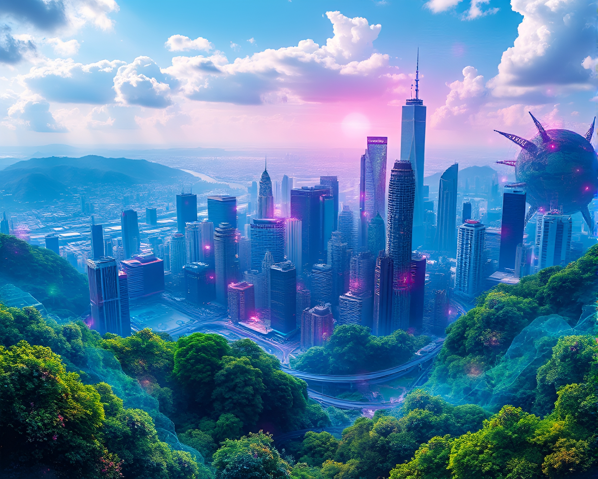 Futuristic Cityscape with Fractal Patterns and Serene Greenery – free AI stock image