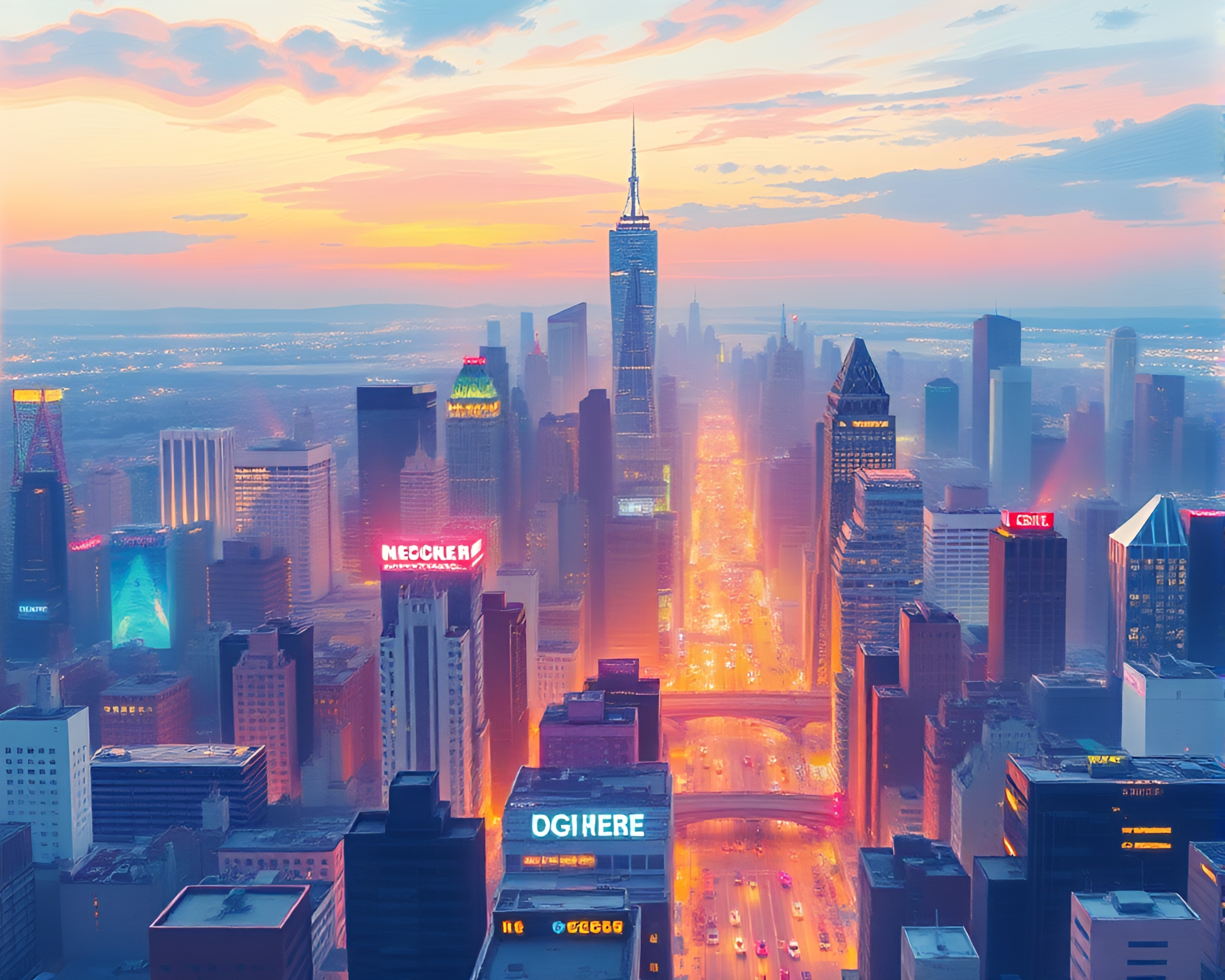 Cityscape at Dusk with Luminous Skyscrapers – free AI stock image