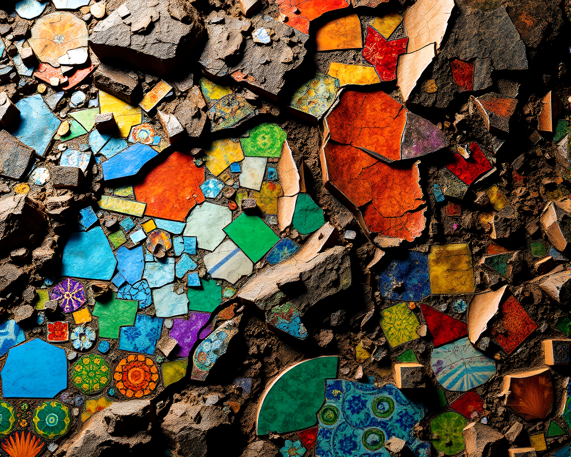 Vibrant Mosaic Tilework Adorns Shattered Planet Surface – free AI stock image