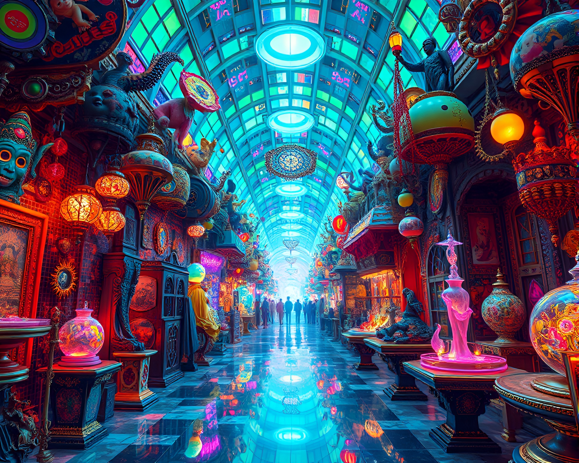 Vibrant holographic bazaar showcases edgy surreal art pieces – free AI stock image