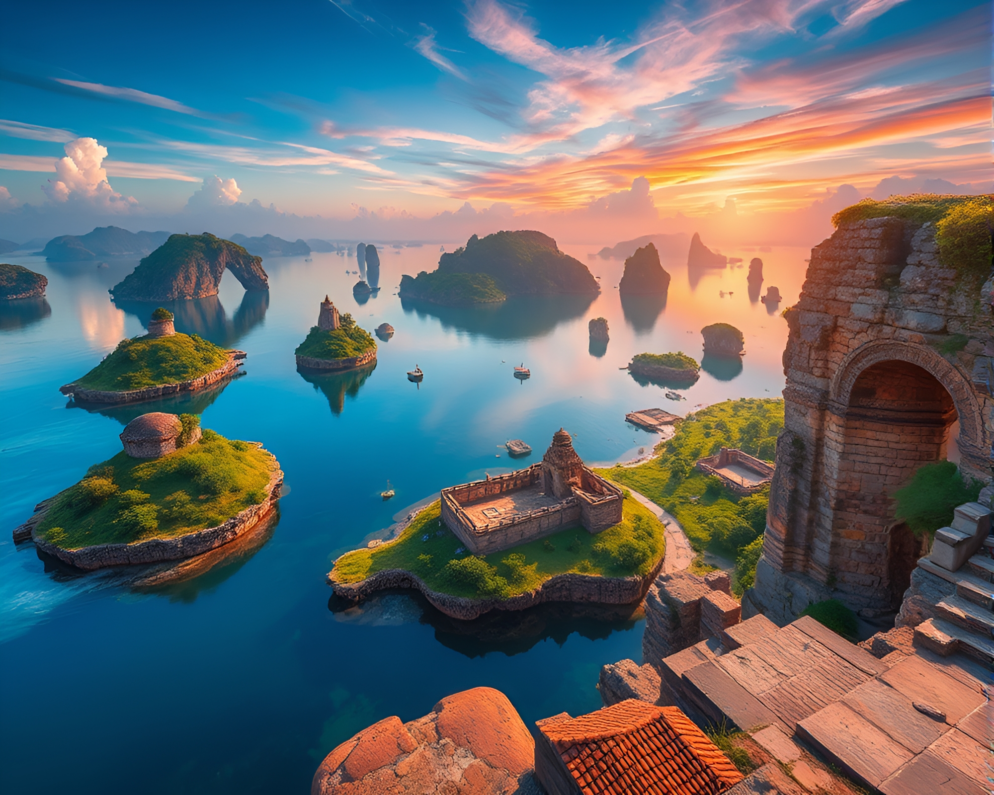 Enchanting Floating Island Archipelago with Ancient Ruins – free AI stock image
