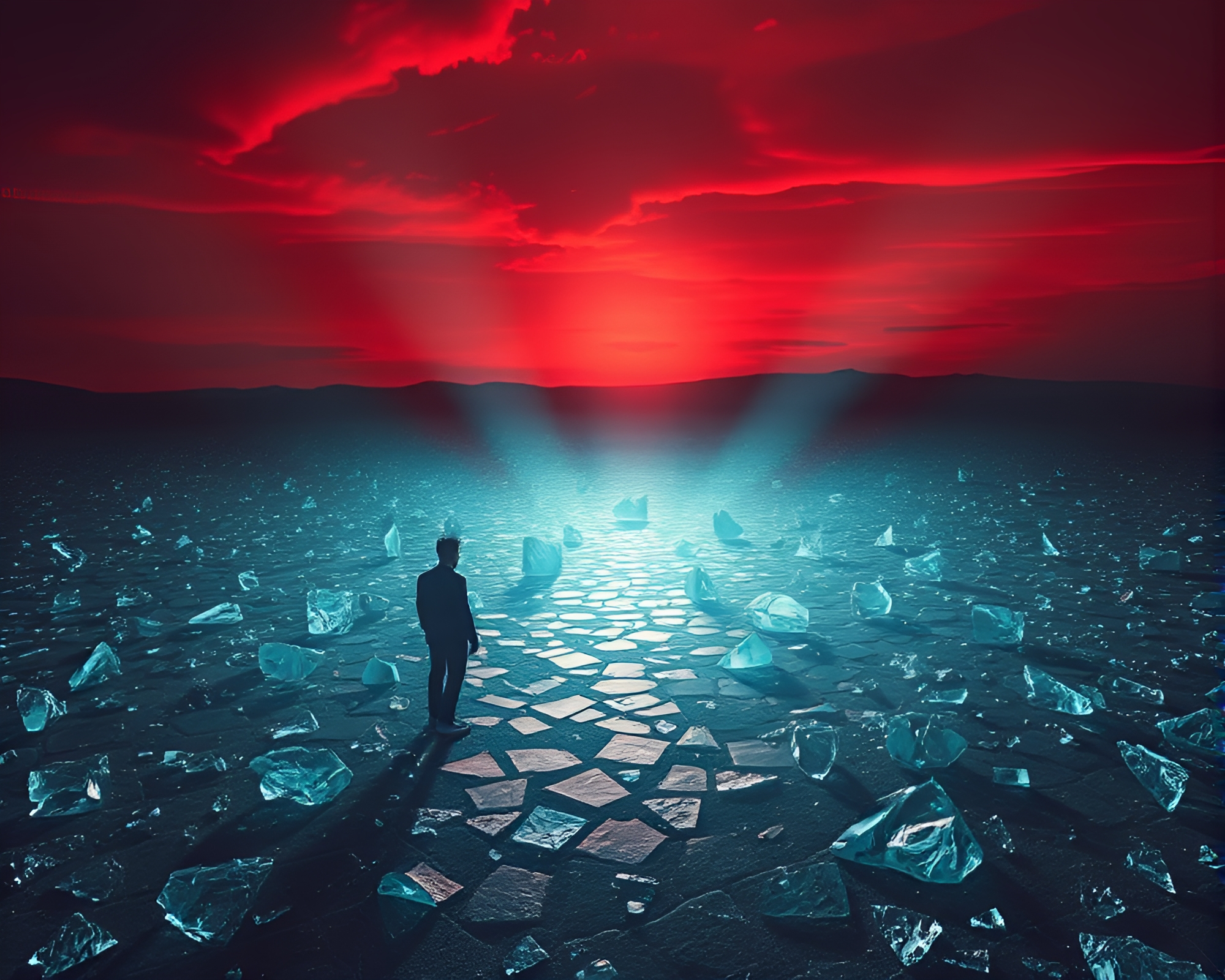 Surreal Shard Desert Under Blood-Red Sky – free AI stock image