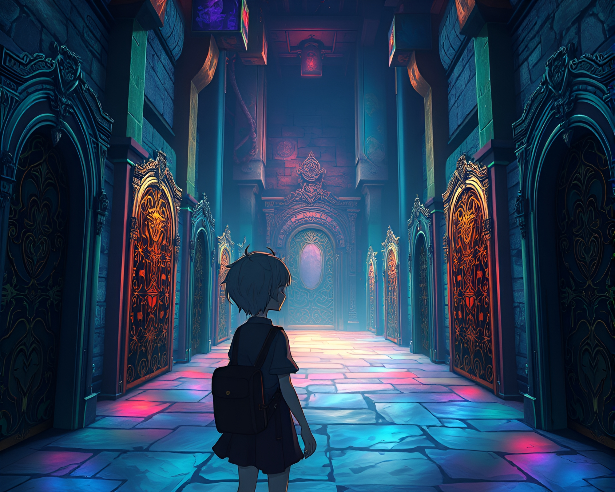 Mysterious Anime Character Stands Before Labyrinth of Doors – free AI stock image