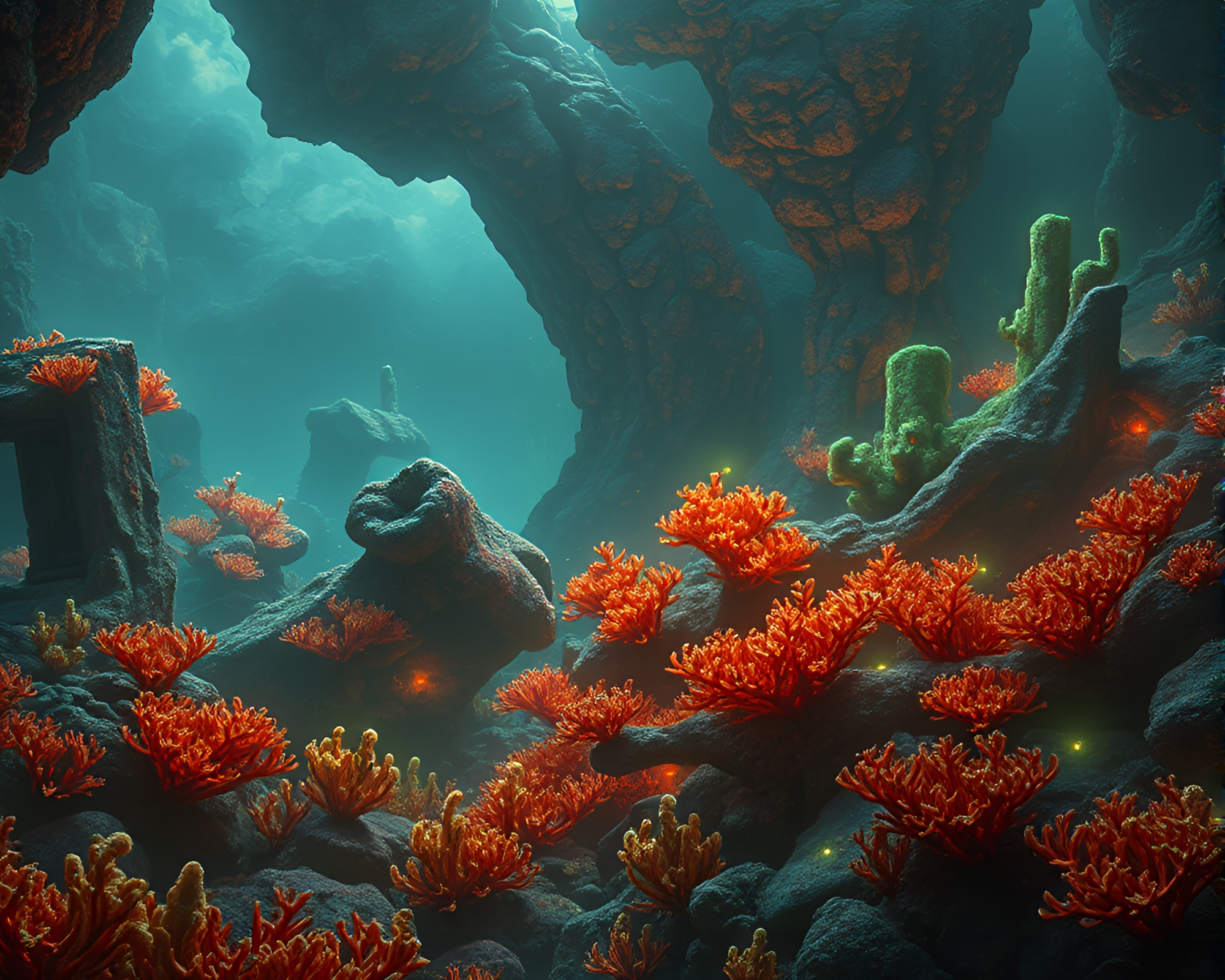 Enigmatic Alien Coral Forest Reveals Ancient Ruins – free AI stock image