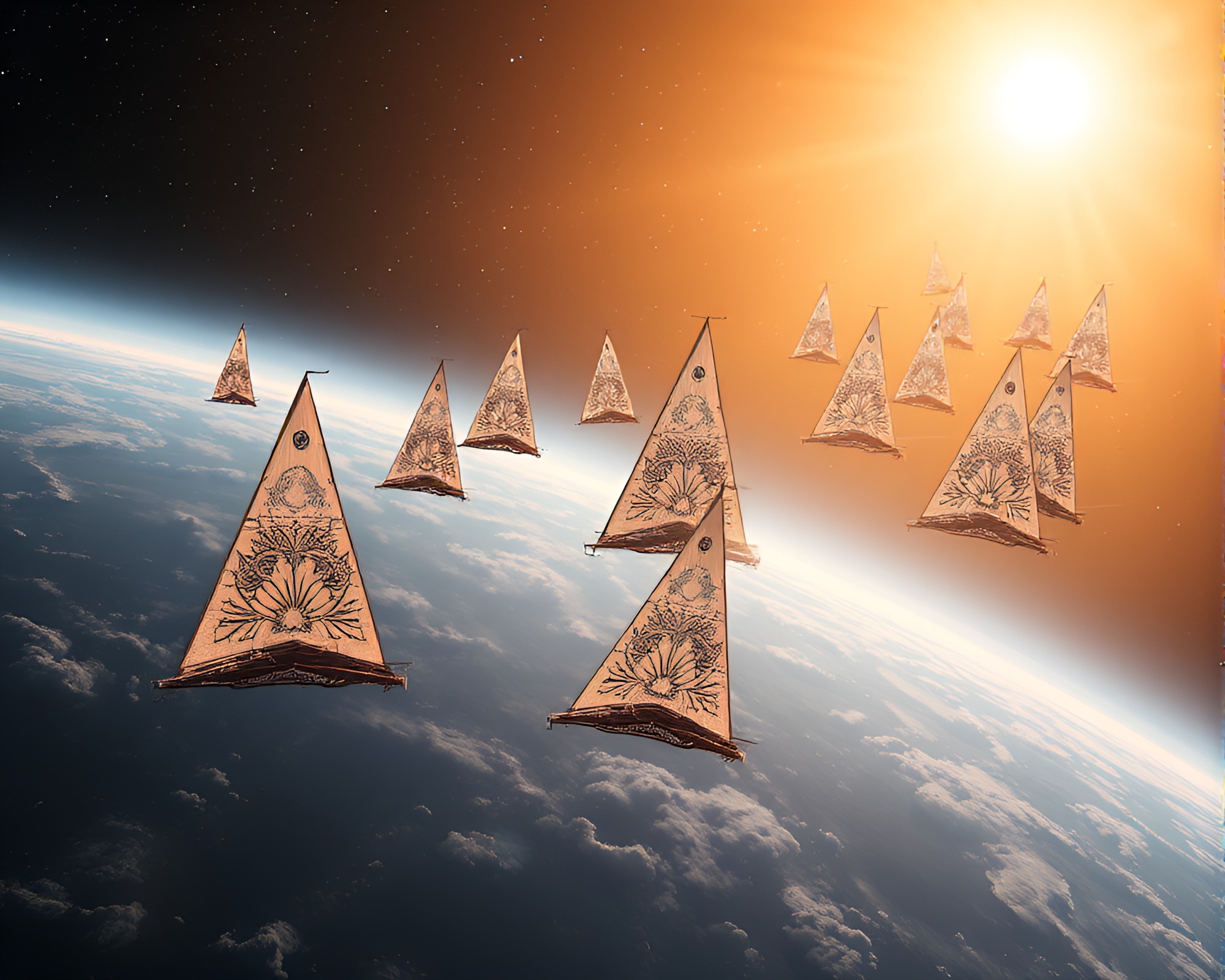 Ethereal Solar Sail Fleet Soaring Through Space – free AI stock image
