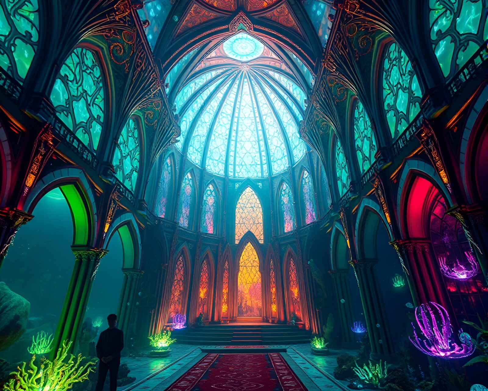 Jewel-toned marine life gliding past glowing art deco spires